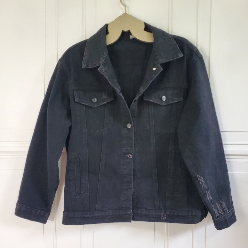 New Boho Embroidered Patch Denim Jean Jacket Oversized Coat Black - Picture 6 of 13